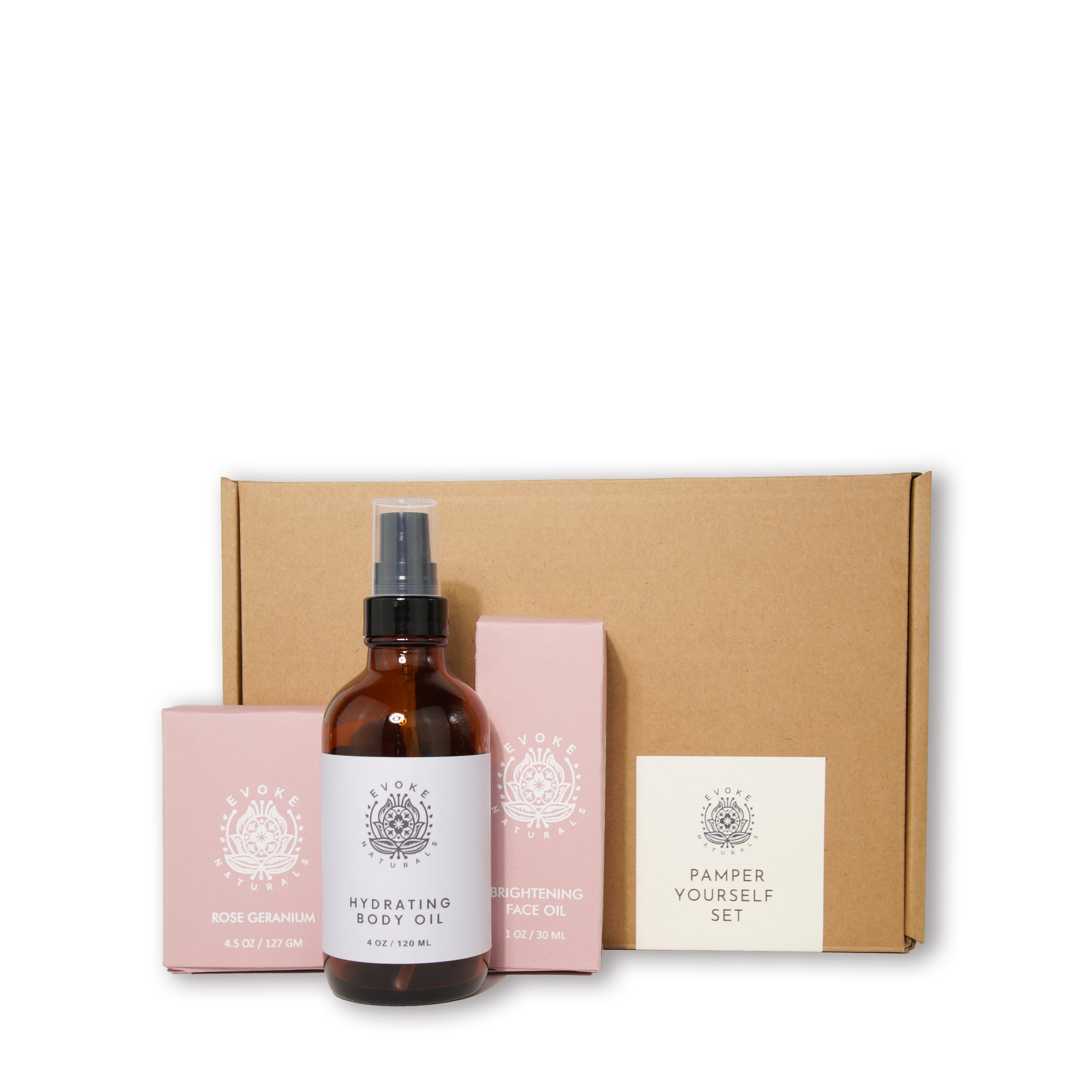 EVOKE FAVORITES SET - HYDRATING BODY OIL + BRIGHTENING FACE OIL + ROSE GERANIUM SOAP